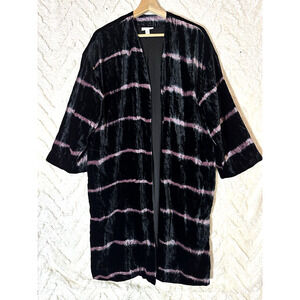 Pure Jill Crushed Velour Black Open 70's Striped Duster Robe GLAM Cardigan M